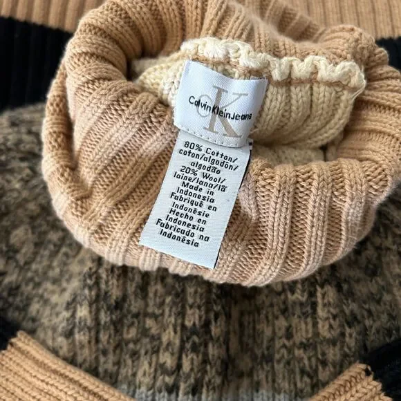 Y2K , Calvin Klein Neutral Striped Ribbed Knit Turtleneck Sweater, S, cozycore - Picture 4 of 5